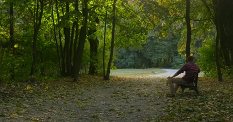 Man is Sitting at The Bench Man is Half Turned Man Has Stood Up Running around Stock Footage 55418124