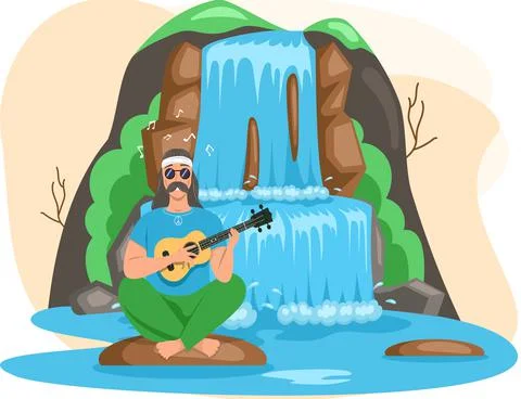 Man sitting on big stone playing guitar next to rock and waterfall, resting on Stock Illustration