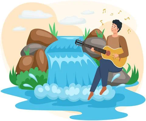 Man sitting on big stone playing guitar next to rock and waterfall, resting on Stock Illustration