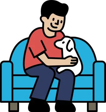 A man is sitting on a blue couch with a white dog on his lap Ilustração Stock