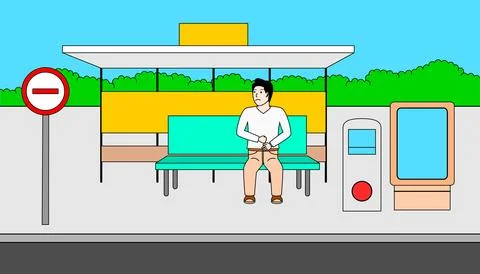 Man is sitting on a bus stop. The bench is located on a sidewalk next to a .. Stock Illustration