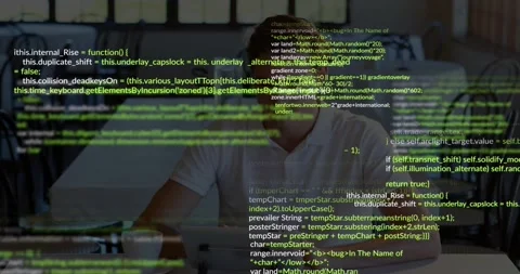 Man sitting in cafe, focusing on code, overlay growing, sipping cup, tapping Stock Footage 330380090