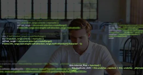Man sitting in cafe, focusing on code, overlay growing, sipping cup, tapping 写真素材