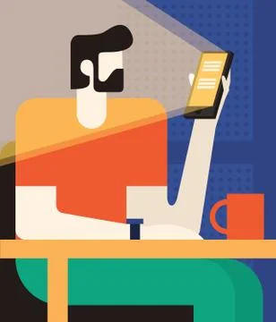 Man is sitting in a cafe with a gadget. Stock Illustration