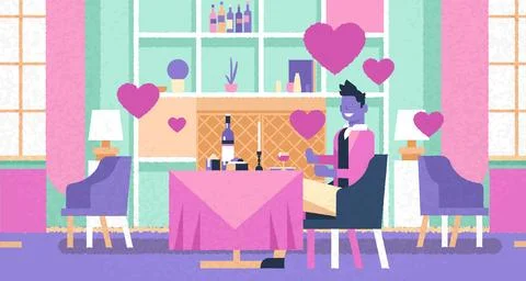 Man sitting cafe table romantic dinner happy valentines day celebration concept Stock Illustration