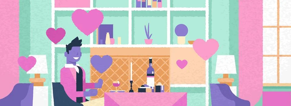 Man sitting cafe table romantic dinner happy valentines day celebration concept Stock Illustration