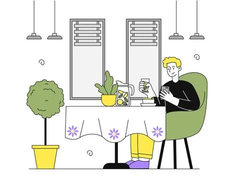 Man sitting in cafe vector linear Stock Illustration