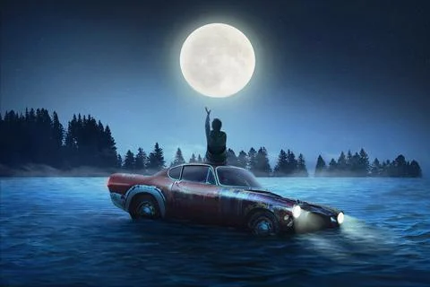 Man Sitting on Car Back View Car In the Water Night Scene with Moon Backgroun イラスト素材