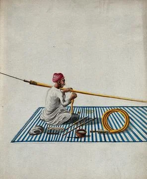 A man sitting on a carpet making hookah pipes. Gouache painting by an India.. Stock Illustration