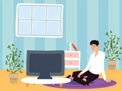 Man sitting on carpet using computer work from home, indoor activities Stock Illustration