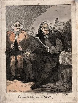 A man sitting in a chair, reading a document to another man who holds his h.. Stock Illustration