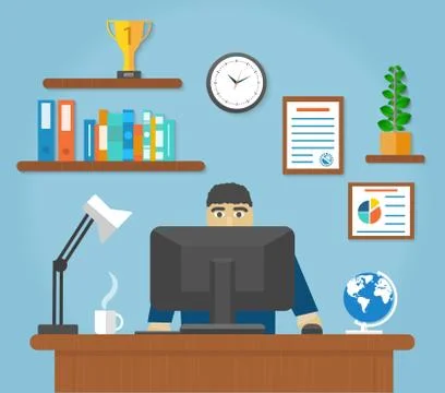 Man sitting on chair at table front of computer monitor Stock Illustration
