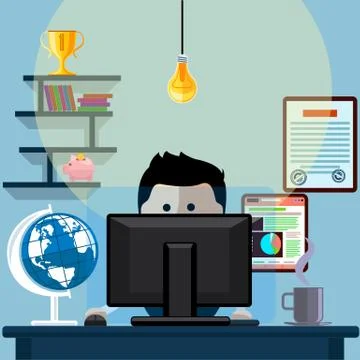 Man sitting on chair at table front of computer Illustrazione stock