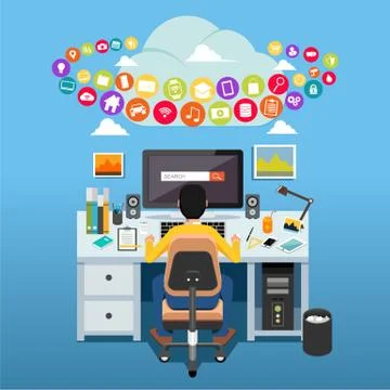 Man sitting on chair at table in front of computer monitor accessing internet Stock Illustration