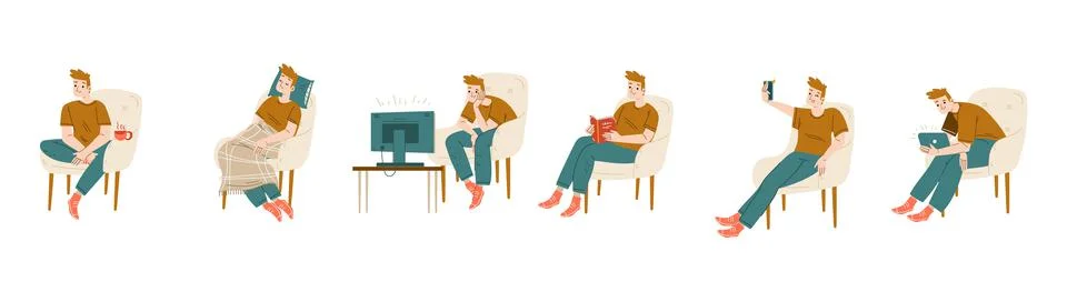 Man sitting in chair, watch tv, read book Stock Illustration