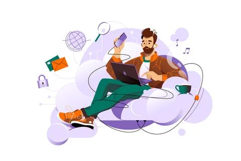 Man sitting on cloud and working on laptop Stock Illustration