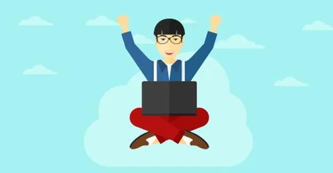 Man sitting on cloud with laptop Ilustración de archivo