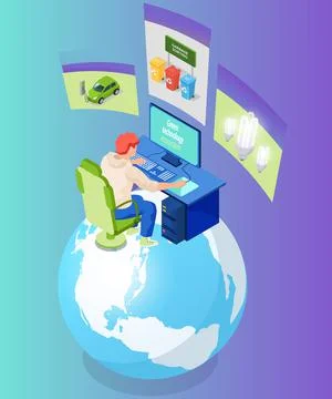 Man is sitting with computer and working with green technology for environmental Stock Illustration