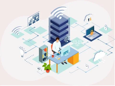 Man sitting with computer communicating online, meeting online via 스톡 일러스트