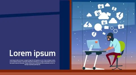 Man Sitting At Computer Hacker Activity Concept Viruses Data Privacy Attack Stockillustratie