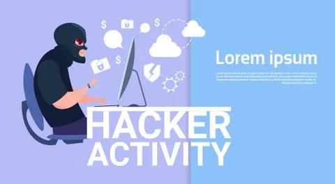 Man Sitting At Computer Hacker Activity Concept Viruses Data Privacy Attack 스톡 일러스트