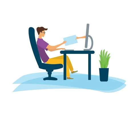 A man is sitting at the computer. A hand comes out of the monitor. Distance l Stock Illustration