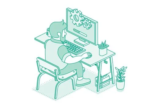 Man sitting on computer. Isometric 3d technology workspace concept. Compute.. 스톡 일러스트
