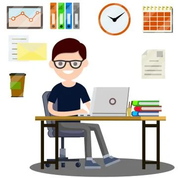 Man sitting at computer in office. Cartoon flat illustration. Stockillustratie
