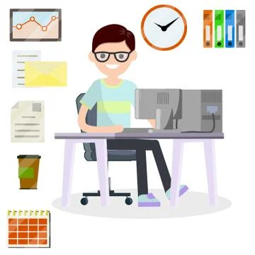 Man sitting at computer in office. Cartoon flat illustration. Illustrazione stock