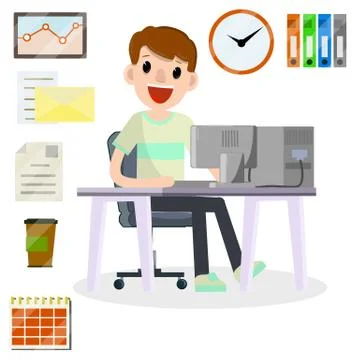 Man sitting at computer in office. Cartoon flat illustration. Illustrazione stock