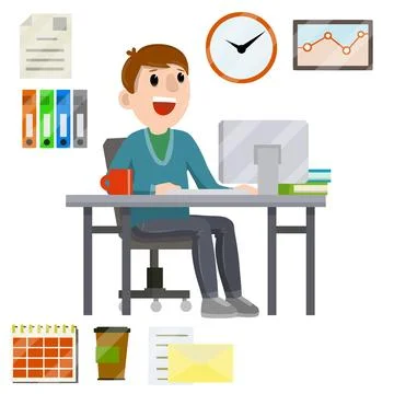 Man sitting at computer in office. Cartoon flat illustration. Stock Illustration