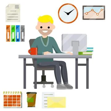 Man sitting at computer in office. Stock Illustration