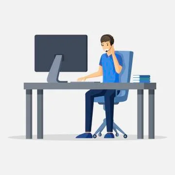 Man sitting at computer vector flat illustration. Support, freelance, virtual 스톡 일러스트