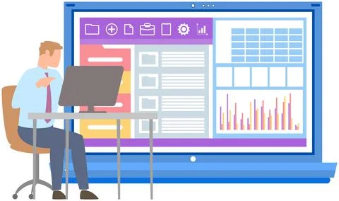 Man sitting with computer at workplace. Businessman works in management Stock Illustration