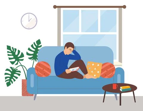 Man sitting on the couch and using his tablet. The person is thinking about the イラスト素材