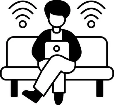 A man is sitting on a couch and using a laptop Illustrazione stock