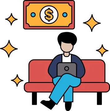 A man is sitting on a couch with a laptop in front of him Stock Illustration