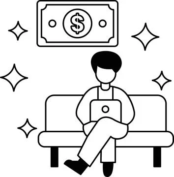 A man is sitting on a couch with a laptop in front of him Stock Illustration
