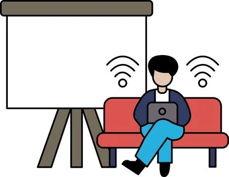 A man is sitting on a couch with a laptop in front of him Stock Illustration