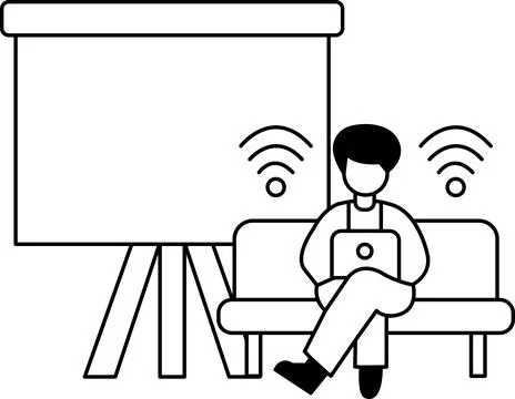 A man is sitting on a couch with a laptop in front of him Stock Illustration