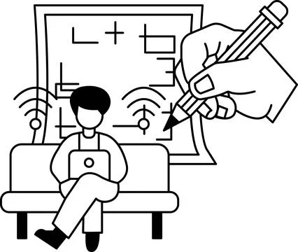 A man is sitting on a couch with a laptop in front of him Stock Illustration