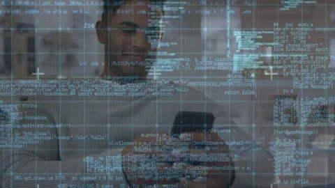 Man sitting couch raising phone tapping, teal grid code overlay, camera zooming Stock Footage 333965638
