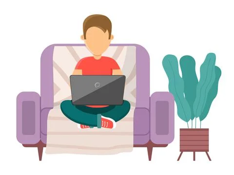 The man is sitting on the couch. Young guy is working on the laptop in his hands Ilustración de archivo