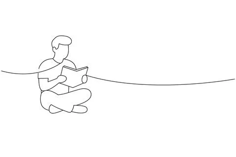 Man sitting cross-legged reading a book. Clean linear style for educational Stock Illustration
