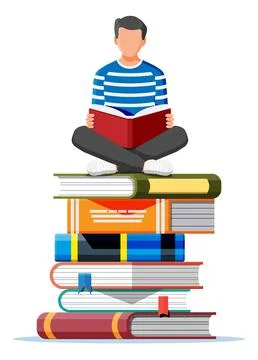 Man sitting cross-legged on stack of books Stock Illustration