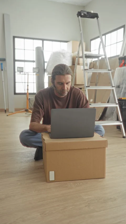 Man sitting crosslegged on floor, hands typing on laptop placed on a cardbo.. Stock Footage 339191295
