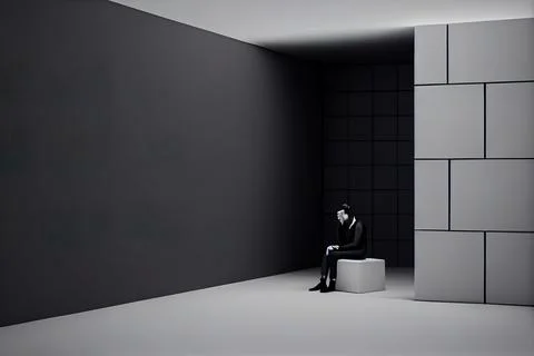 A man sitting on a cube in a room with a black and white background and a b.. Ilustración de archivo