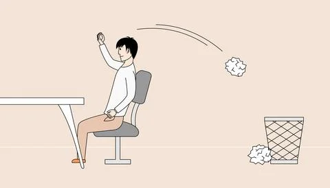 Man is sitting at a desk and throwing rubbish into the trash can Stock Illustration