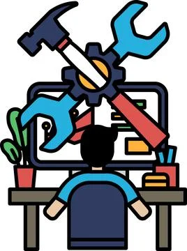 A man is sitting at a desk with a computer and a toolbox Stock Illustration