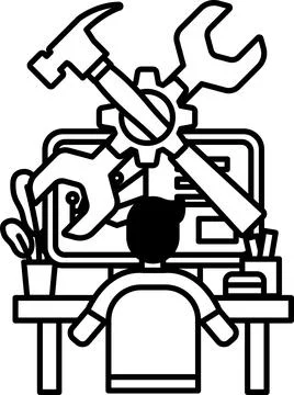 A man is sitting at a desk with a computer and a toolbox Stock Illustration